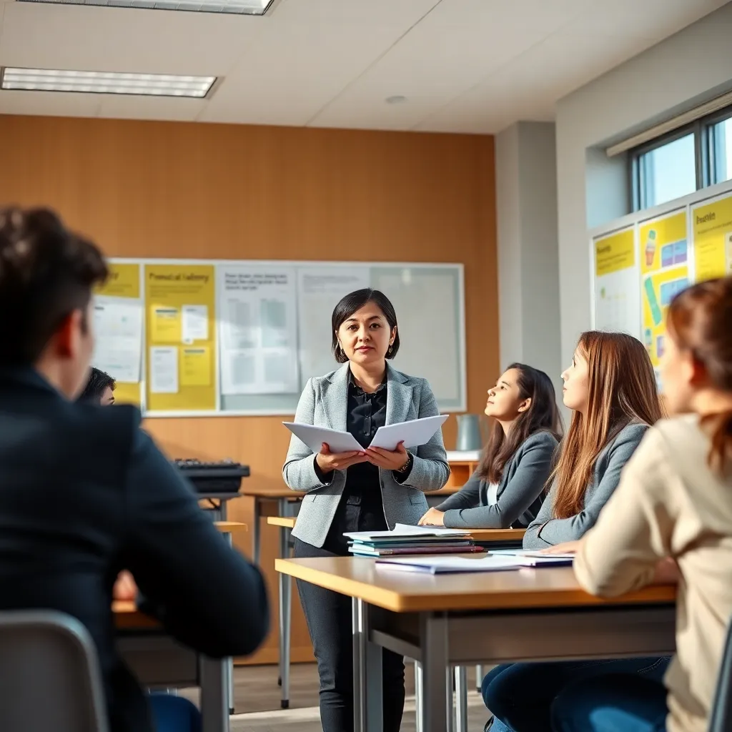 Учитель проводит урок финансовой грамотности для школьников