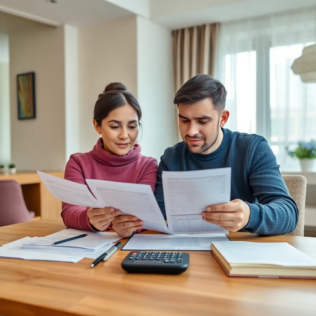 Казахстанский мужчина анализирует свои финансовые документы за столом с калькулятором