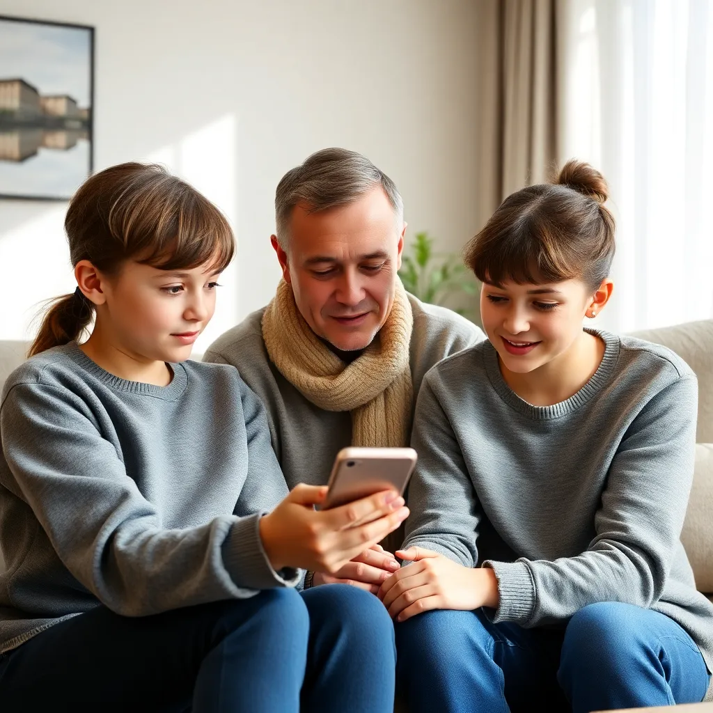 Подросток использует банковское приложение под наблюдением родителей