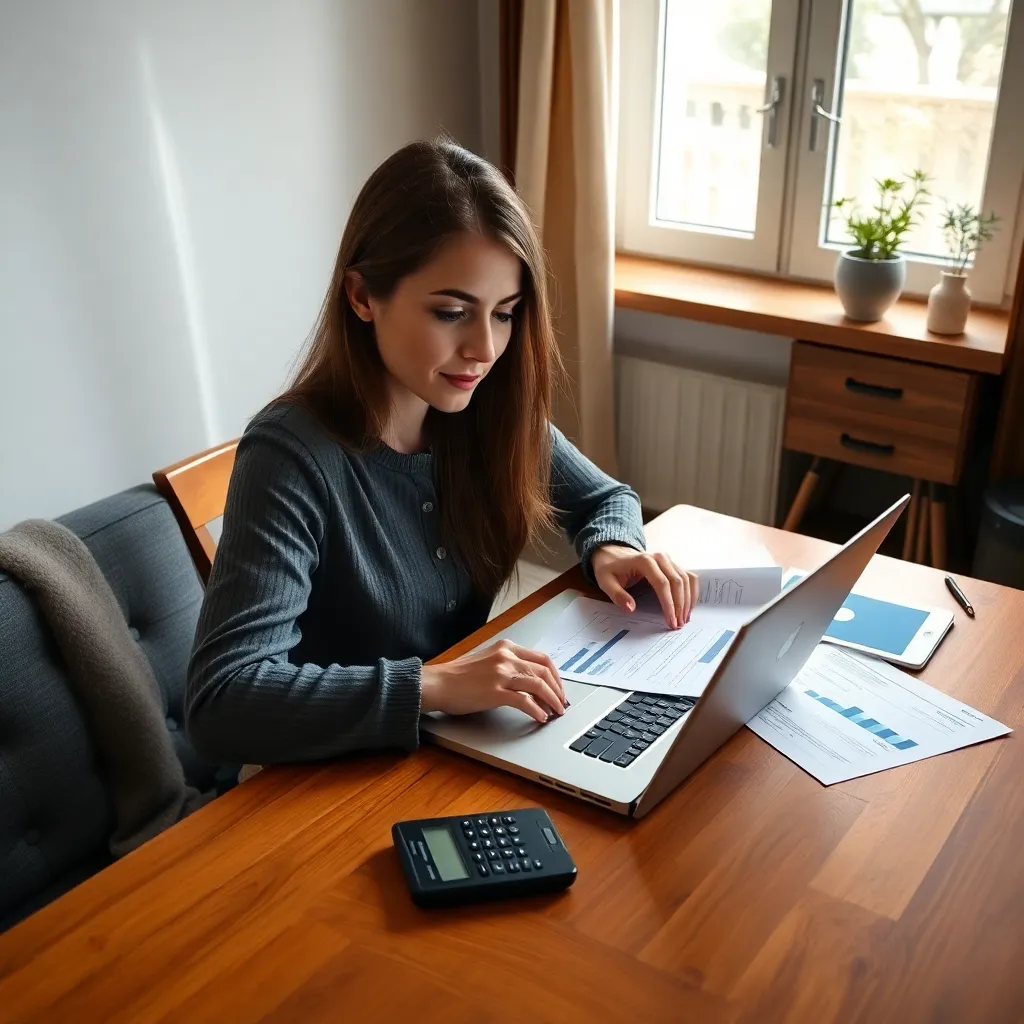 Процесс планирования семейного бюджета с использованием ноутбука и финансовых документов