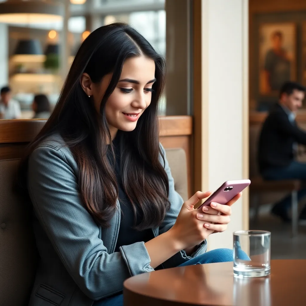 Молодая женщина изучает мобильное приложение банка